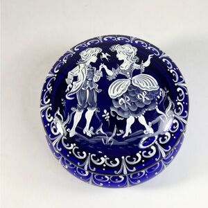 Czech Glass Handmade Cobalt Enamel Painted Victorian Couple Trinket Box Gold Rim